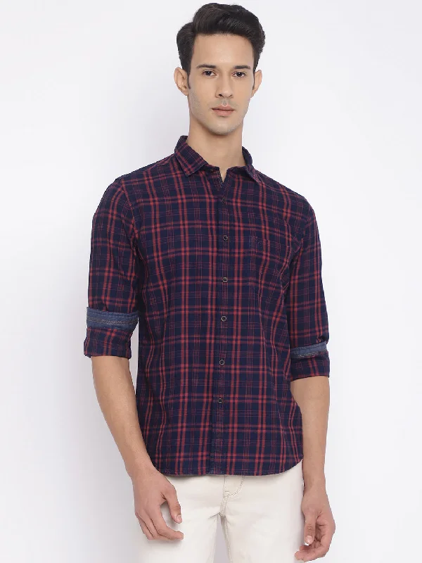 Cantabil Cotton Checkered Red Full Sleeve Casual Shirt for Men with Pocket