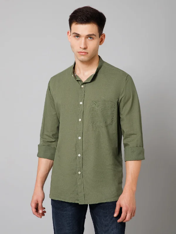 Cantabil Cotton Solid Olive Green Full Sleeve Regular Fit Casual Shirt for Men with Pocket