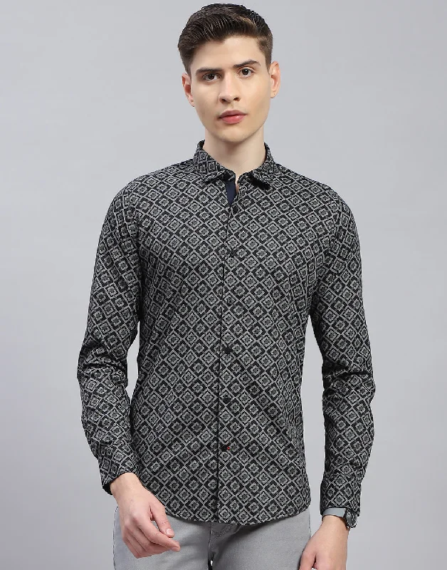 Men Black Printed Spread Collar Full Sleeve Shirt