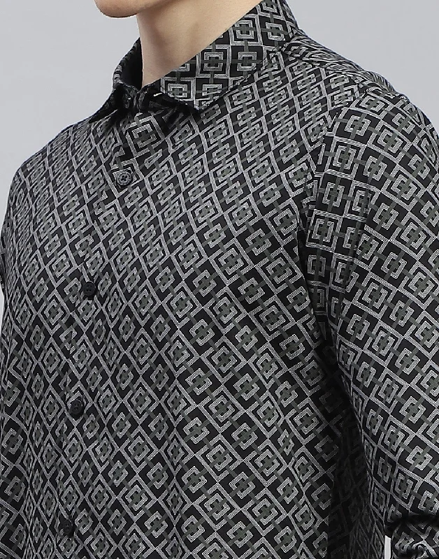 Men Black Printed Spread Collar Full Sleeve Shirt