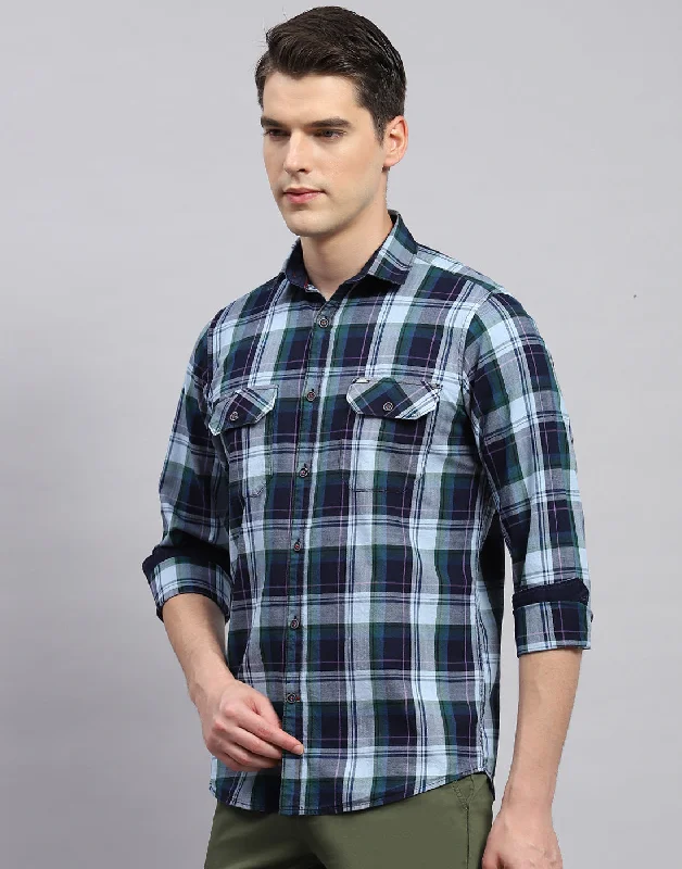 Men Blue Check Collar Neck Full Sleeve Shirt