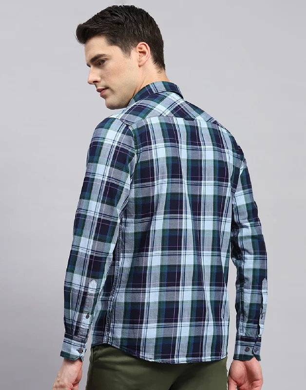 Men Blue Check Collar Neck Full Sleeve Shirt