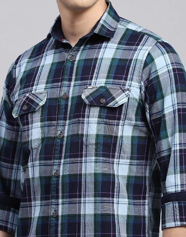 Men Blue Check Collar Neck Full Sleeve Shirt