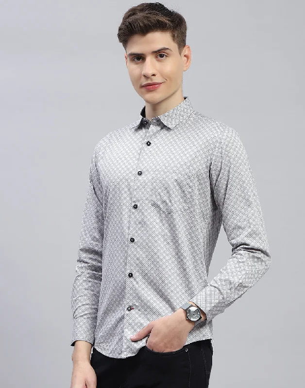 Men Grey Printed Spread Collar Full Sleeve Shirt