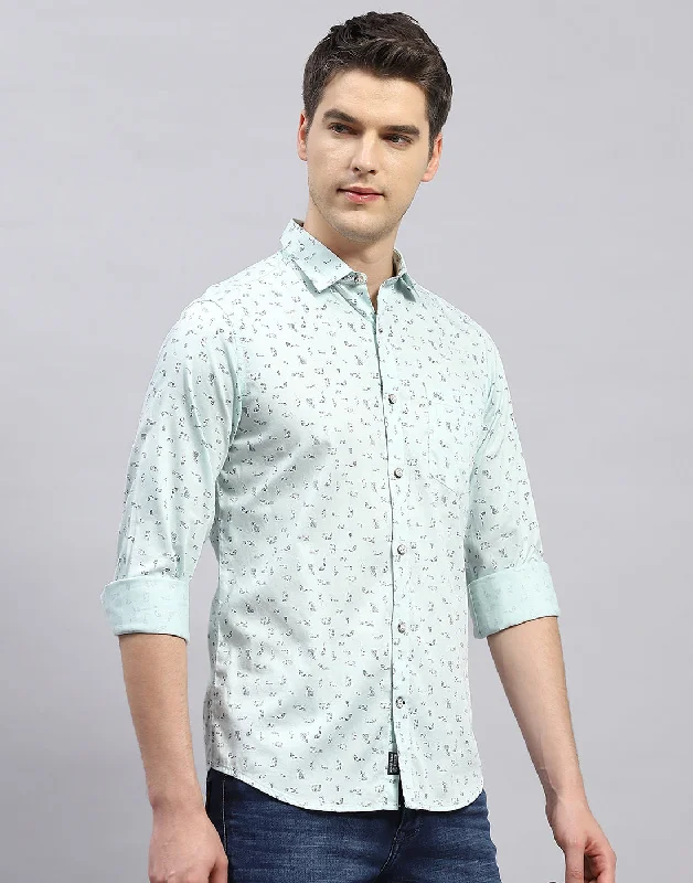 Men Sea Green Printed Collar Full Sleeve Shirt