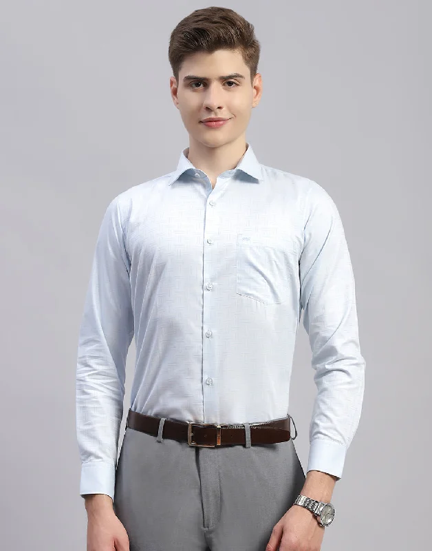 Men Sky Blue Check Collar Full Sleeve Shirt