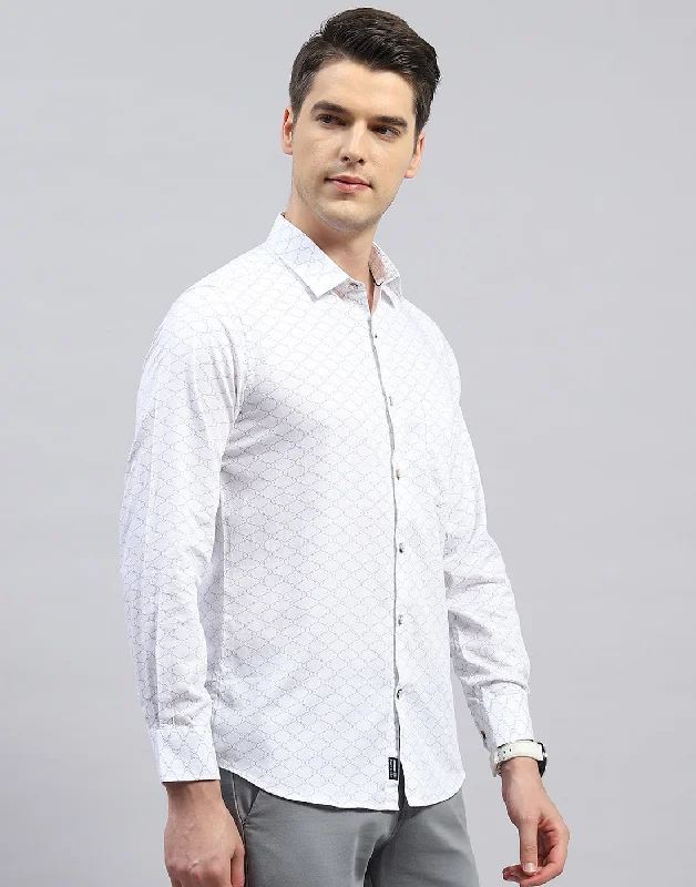 Men White Printed Collar Full Sleeve Shirt