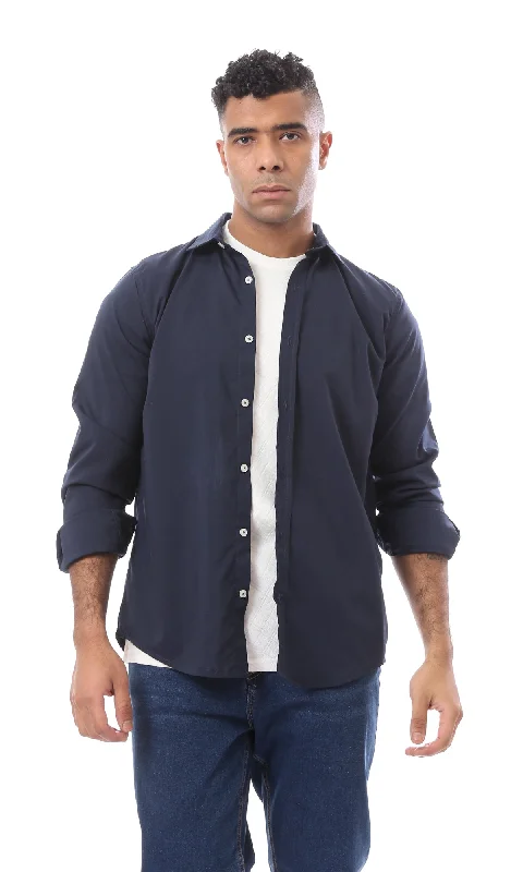 O163555 Turn Down Collar Long Sleeves Buttoned Navy Blue Shirt