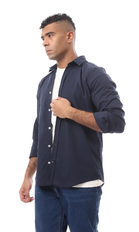 O163555 Turn Down Collar Long Sleeves Buttoned Navy Blue Shirt