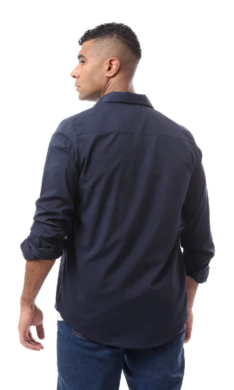 O163555 Turn Down Collar Long Sleeves Buttoned Navy Blue Shirt