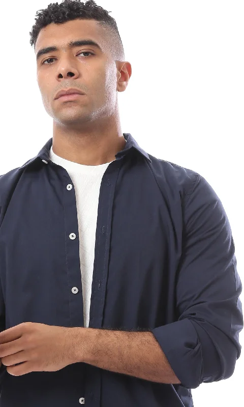 O163555 Turn Down Collar Long Sleeves Buttoned Navy Blue Shirt