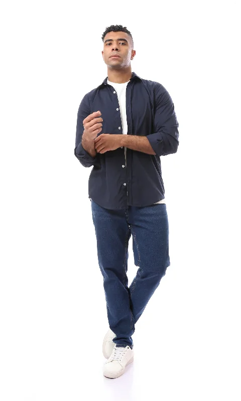 O163555 Turn Down Collar Long Sleeves Buttoned Navy Blue Shirt