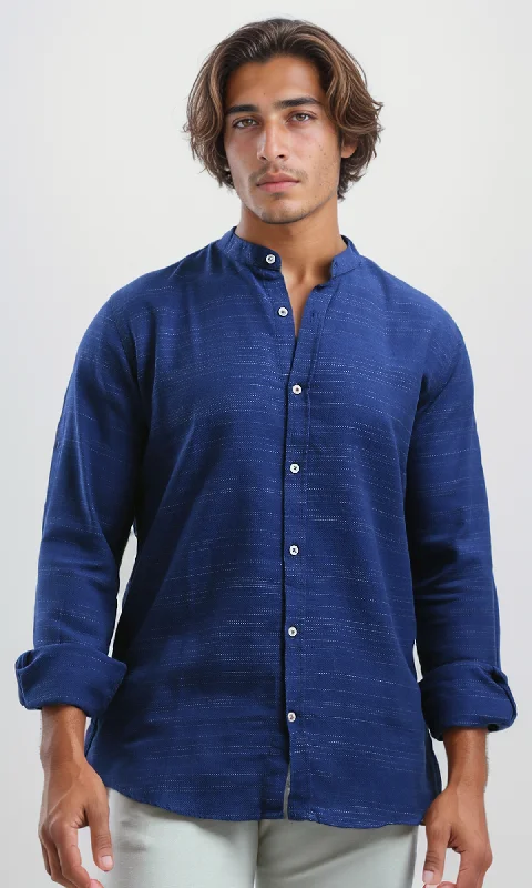 O192124 Long Sleeves Mandarin Collar Shirt - Heather Jeans Blue