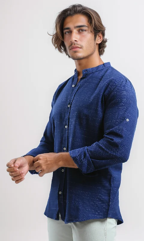 O192124 Long Sleeves Mandarin Collar Shirt - Heather Jeans Blue