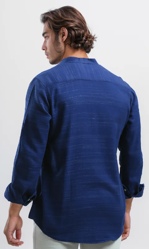 O192124 Long Sleeves Mandarin Collar Shirt - Heather Jeans Blue