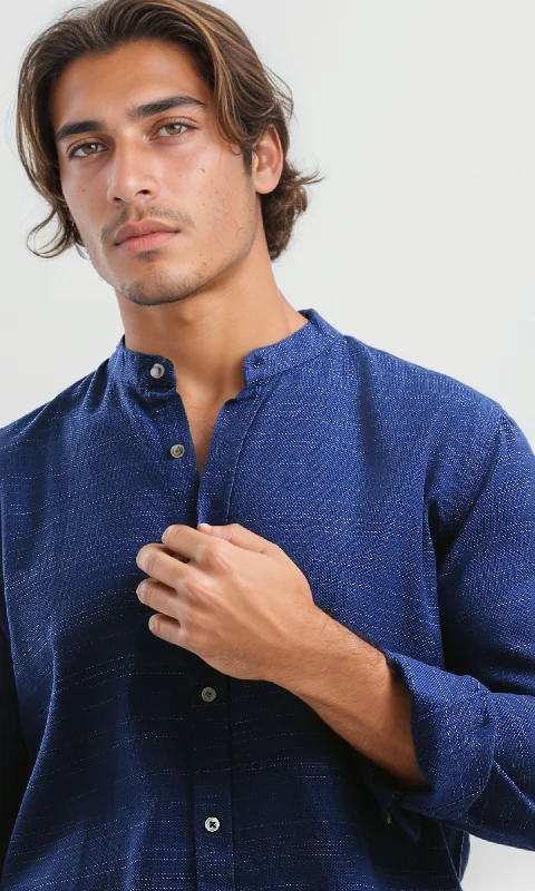 O192124 Long Sleeves Mandarin Collar Shirt - Heather Jeans Blue