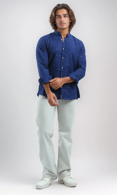 O192124 Long Sleeves Mandarin Collar Shirt - Heather Jeans Blue